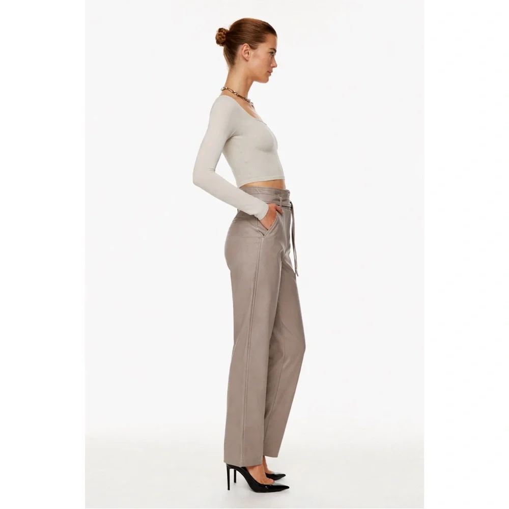 Babaton Aritzia Vegan Leather Belted Pants Taupe High Rise Size 0 - Picture 6 of 13